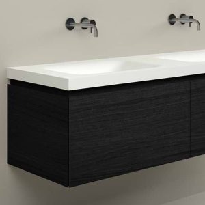 B DUTCH Ferrara Badkamermeubel 1600, 160 cm, Smoke Brushed Oak Painted Mist met Solid Surface Corian wastafel Soft Double