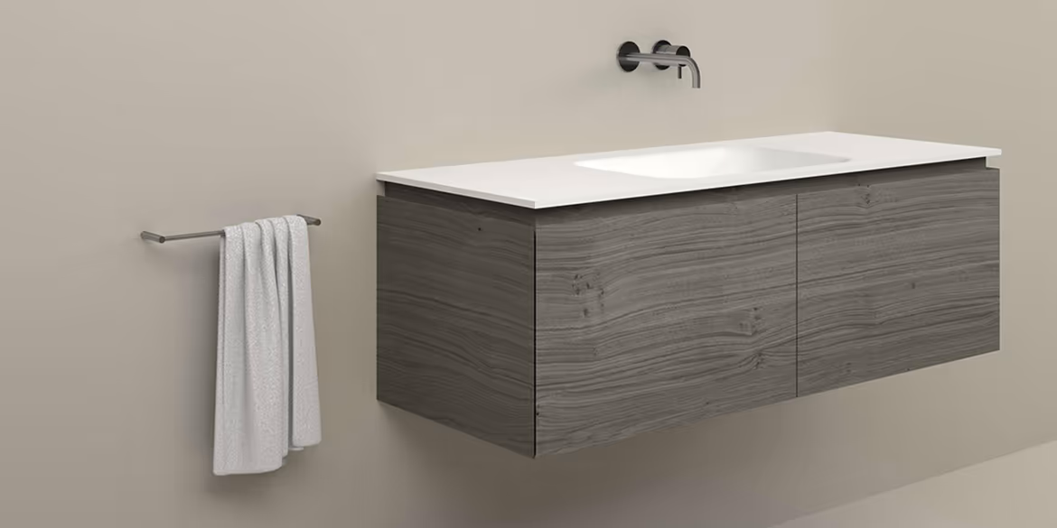 B DUTCH Ferrara Badkamermeubel 1300, 130 cm, Massive Oak Stone Grey met Solid Surface Corian wastafel Barbados Single