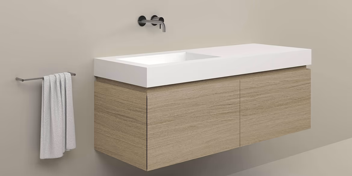 B DUTCH Ferrara Badkamermeubel 1400, 140 cm, Quartier Oak Painted Mist met Solid Surface Corian wastafel Saint Lucia Single Links