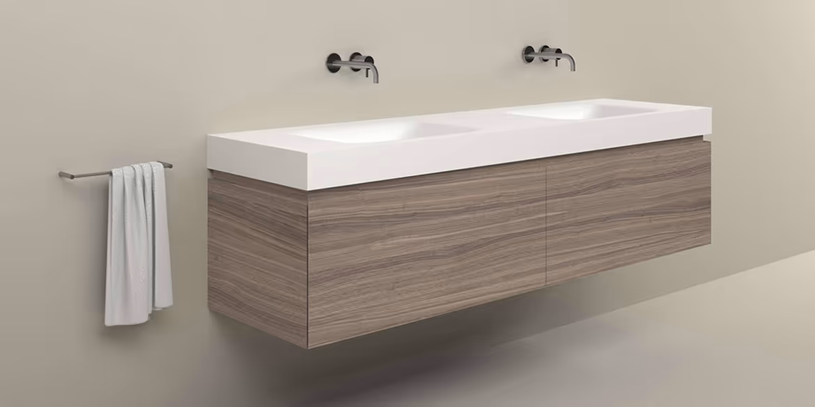 B DUTCH Ferrara Badkamermeubel 2000, 200 cm, Walnut Painted Mist met Solid Surface Corian wastafel Soft Double