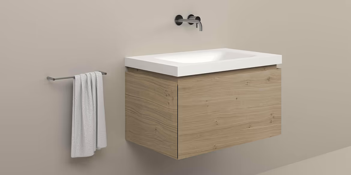 B DUTCH Ferrara Badkamermeubel 800, 80 cm, Massive Oak Painted Mist met Solid Surface Corian wastafel Single Soft