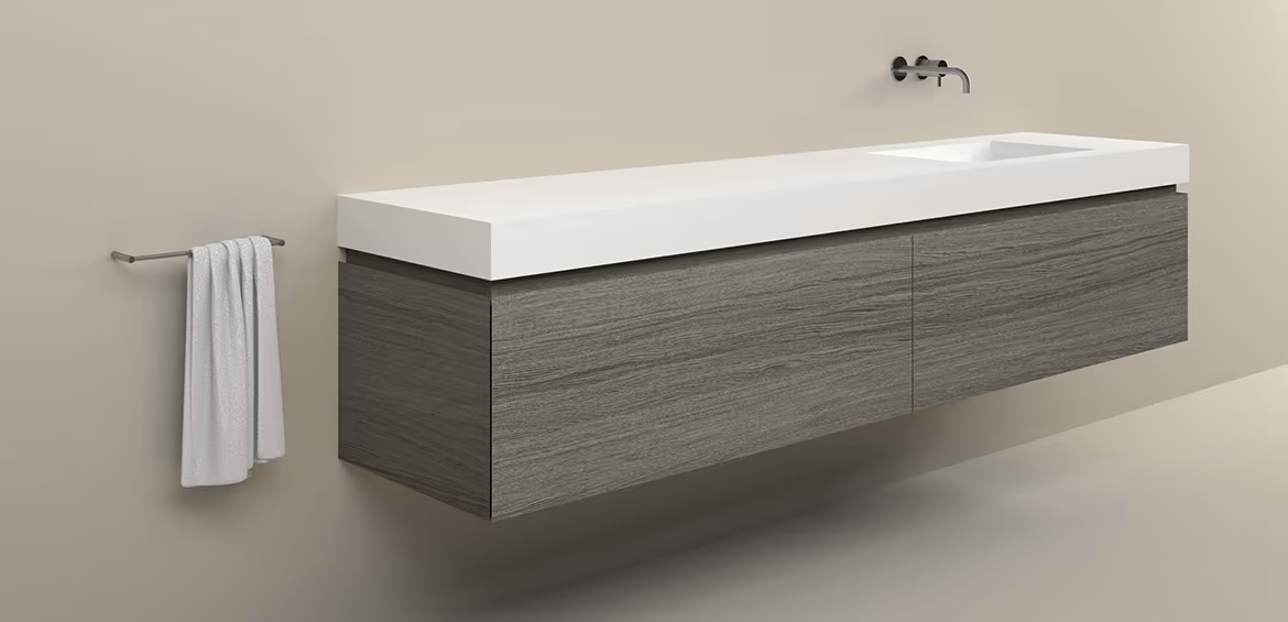 B DUTCH Ferrara Badkamermeubel 2400, 240 cm, Quartiers Oak Painted Stone Grey met Solid Surface Corian wastafel Saint Barth Single Rechts