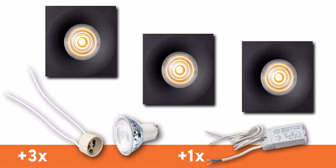 <b>SET 3 SPOTS</b> B DUTCH LED inbouwspot badkamer / veranda, Rounded Square Essential IP65 Coffered Matt Black (85x85x50mm)incl. LED MR16 (GU5.3) lichtbronnen, fittingen en driver.