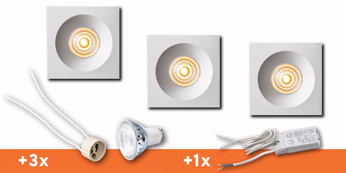 <b>SET 3 SPOTS</b> B DUTCH LED inbouwspot badkamer / veranda, Rounded Square Essential IP65 Recessed Matt White (86x86x45mm)incl. LED MR16 (GU5.3) lichtbronnen, fittingen en driver.