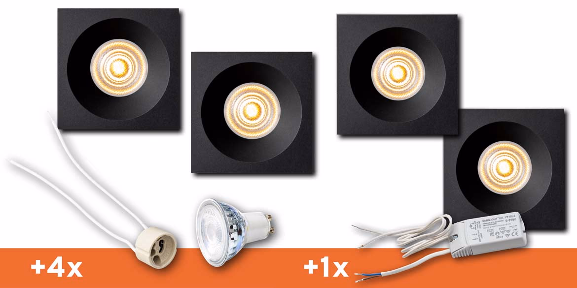 <b>SET 4 SPOTS</b> B DUTCH LED inbouwspot badkamer / veranda, Rounded Square Essential IP65 Recessed Matt Black (86x86x45mm)incl. LED MR16 (GU5.3) lichtbronnen, fittingen en driver.