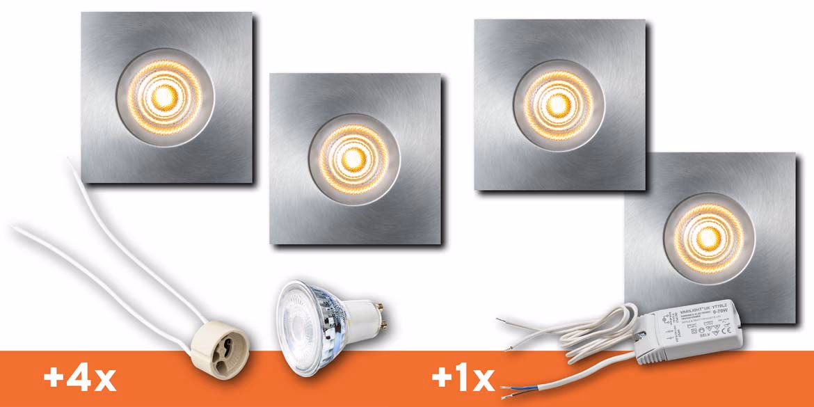 <b>SET 4 SPOTS</b> B DUTCH LED inbouwspot badkamer / veranda, Square Essential IP65 Aluminium (85x85x30mm)incl. LED MR16 (GU5.3) lichtbronnen, fittingen en driver.