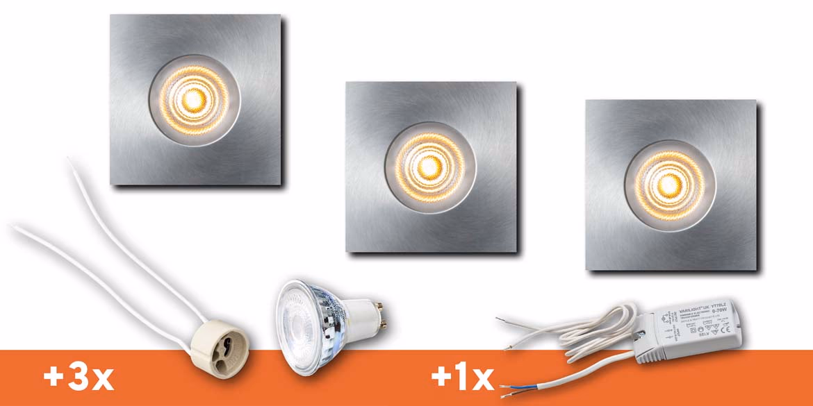 <b>SET 3 SPOTS</b> B DUTCH LED inbouwspot badkamer / veranda, Square Essential IP65 Aluminium (85x85x30mm)incl. LED MR16 (GU5.3) lichtbronnen, fittingen en driver.