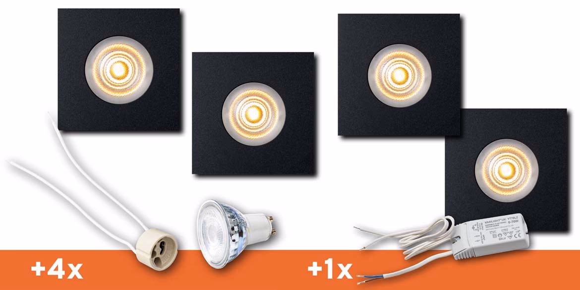 <b>SET 4 SPOTS</b> B DUTCH LED inbouwspot badkamer / veranda, Square Essential IP65 Matt Black (85x85x30mm)incl. LED MR16 (GU5.3) lichtbronnen, fittingen en driver.